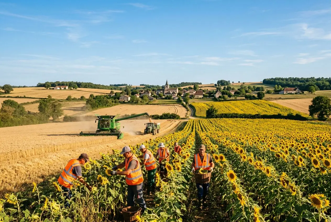 Groupe de travailleurs en gilet orange récoltant des tournesols dans un champ ensoleillé, avec machines agricoles et village au loin, travail saisonnier agricole france.