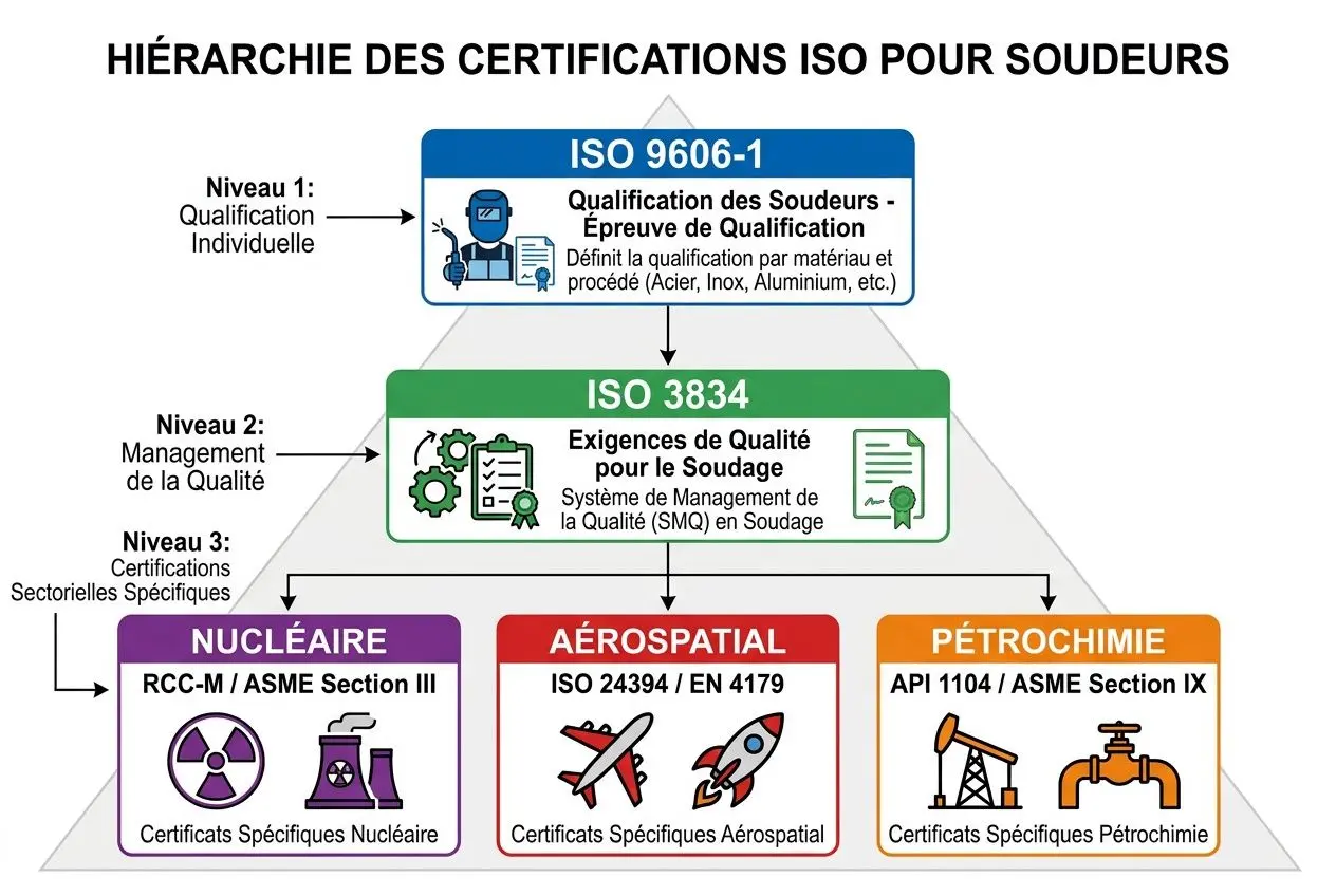 Hiérarchie des certifications ISO pour soudeurs: ISO 9606-1, ISO 3834, et domaines nucléaires, aérospatial et pétrochimie.