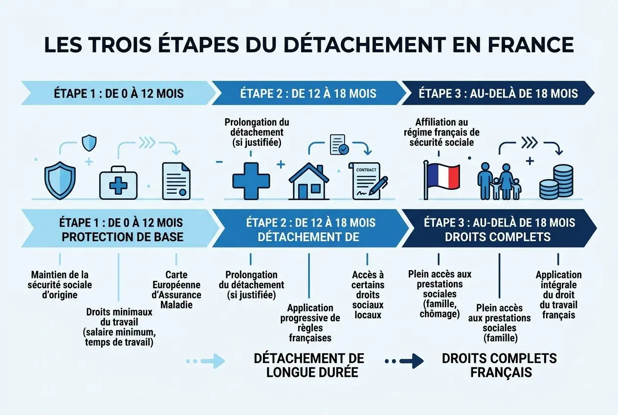 Infographie: les trois étapes du détachement en France avec durées 0 à 12 mois, 12 à 18 mois et au-delà de 18 mois, illustrant le cadre légal et les droits sociaux liés au détachement salarié durée.