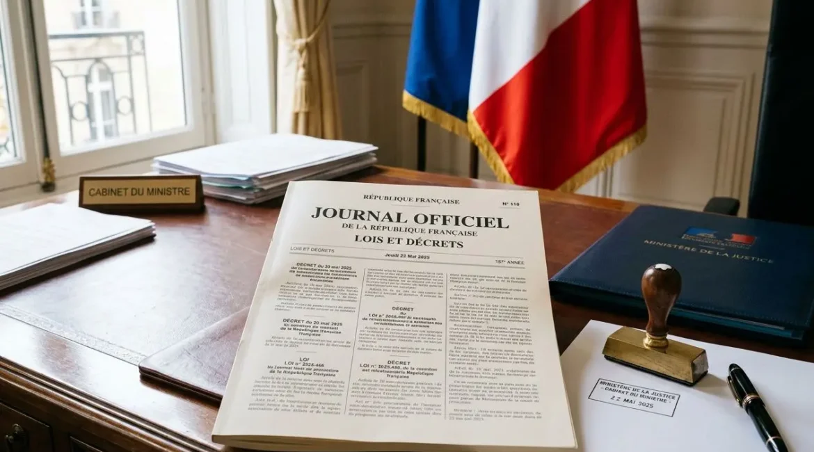 Journal officiel posé sur un bureau en bureau d’État, avec drapeaux et sceau, lié à la liste des métiers en tension 2025/2026. liste des métiers en tension 2025