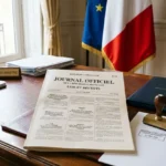 Journal officiel posé sur un bureau en bureau d’État, avec drapeaux et sceau, lié à la liste des métiers en tension 2025/2026. liste des métiers en tension 2025