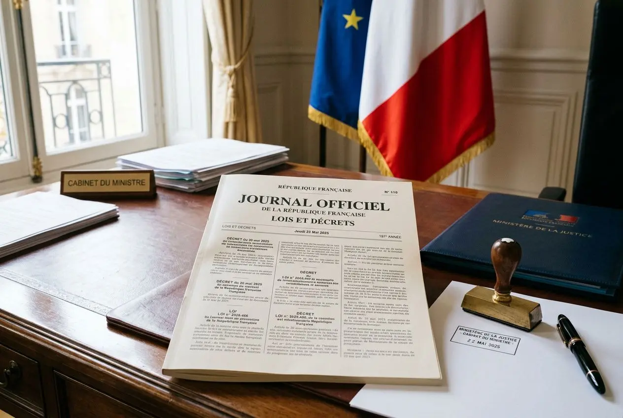 Journal officiel posé sur un bureau en bureau d’État, avec drapeaux et sceau, lié à la liste des métiers en tension 2025/2026. liste des métiers en tension 2025