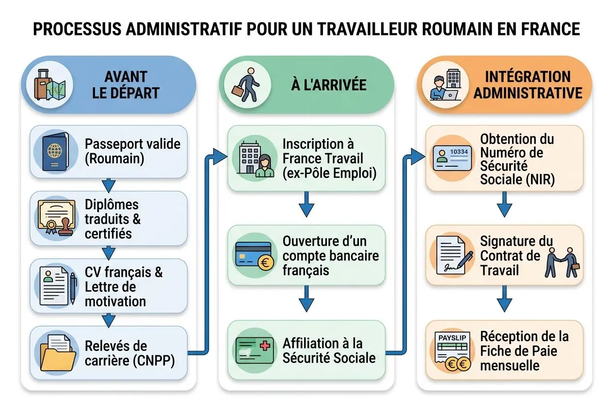 Processus administratif pour un travailleur roumain en France: avant le départ, à l'arrivée et intégration administrative, droits et démarches.