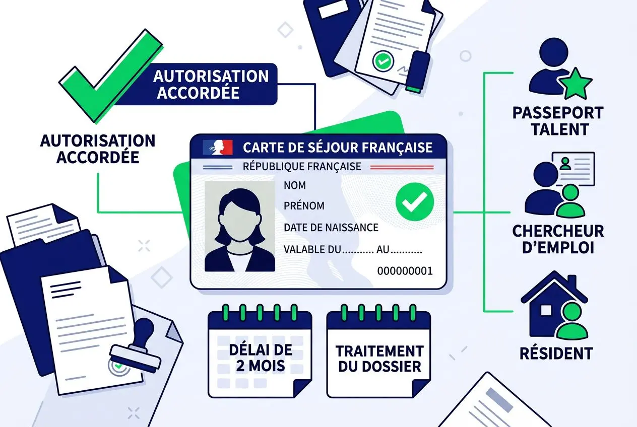Processus d’emploi et autorisations: aide visuelle sur comment embaucher travailleurs étrangers en France, avec carte de séjour française, autorisation accordée, et étapes dossier.