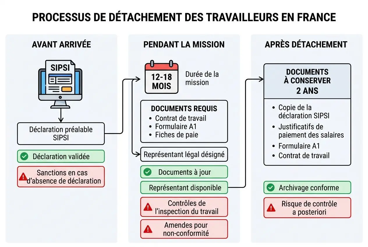 Processus de détachement des travailleurs en France : étapes AVANT ARRIVÉE, PENDANT LA MISSION et APRÈS DÉTACHEMENT, avec documents et contrôles. comment embaucher travailleurs étrangers utile.