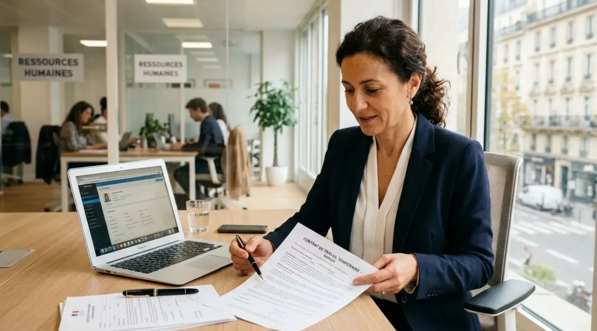 Professionnelle examinant et signant un contrat de travail temporaire dans un espace de travail, avec documents et ordinateur sur le bureau. durée maximale d'un contrat de travail temporaire.