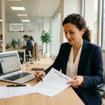 Professionnelle examinant et signant un contrat de travail temporaire dans un espace de travail, avec documents et ordinateur sur le bureau. durée maximale d'un contrat de travail temporaire.
