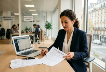 Professionnelle examinant et signant un contrat de travail temporaire dans un espace de travail, avec documents et ordinateur sur le bureau. durée maximale d'un contrat de travail temporaire.