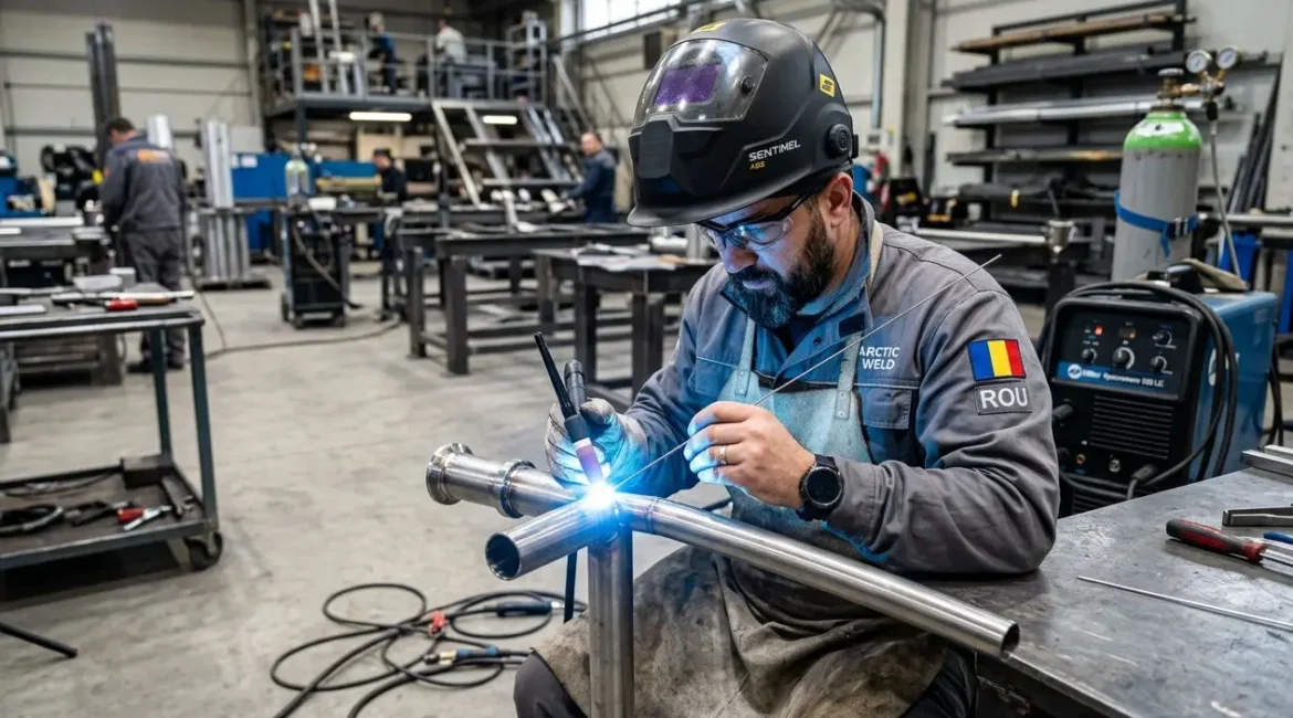 Soudeur roumain en plein travail, portant casque et lunettes, assemblant des tubes métalliques dans un atelier industriel. soudeur roumain compétences certification éventuellement évoqué.