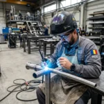 Soudeur roumain en plein travail, portant casque et lunettes, assemblant des tubes métalliques dans un atelier industriel. soudeur roumain compétences certification éventuellement évoqué.