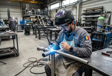 Soudeur roumain en plein travail, portant casque et lunettes, assemblant des tubes métalliques dans un atelier industriel. soudeur roumain compétences certification éventuellement évoqué.