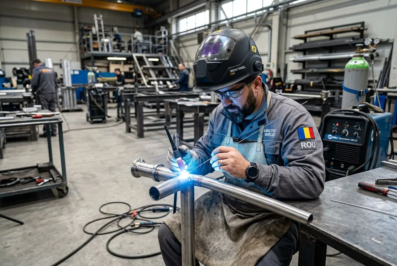 Soudeur roumain en plein travail, portant casque et lunettes, assemblant des tubes métalliques dans un atelier industriel. soudeur roumain compétences certification éventuellement évoqué.