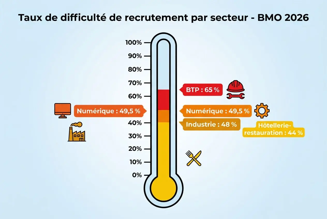 Thermomètre montrant les taux de difficulté de recrutement par secteur (BMO 2026) avec secteurs numériques, industrie, BTP, hôtellerie-restauration illustrés et pourcentage. Besoin en main-d'œuvre france travail intégré.