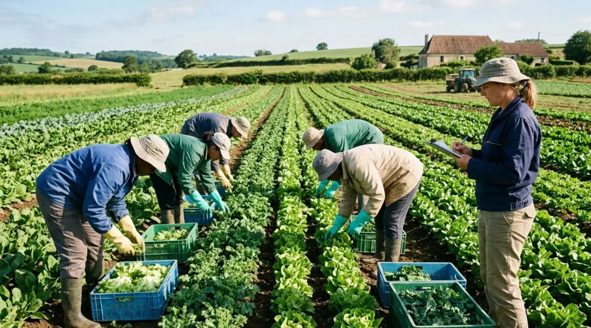 Travailleurs agricoles en rangs, récolte de légumes dans un champ, supervision d’une salariée avec carnet, paysage rural. Détachement travailleurs agriculture europe naturels.