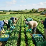 Travailleurs agricoles en rangs, récolte de légumes dans un champ, supervision d’une salariée avec carnet, paysage rural. Détachement travailleurs agriculture europe naturels.