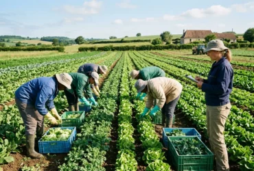 Travailleurs agricoles en rangs, récolte de légumes dans un champ, supervision d’une salariée avec carnet, paysage rural. Détachement travailleurs agriculture europe naturels.