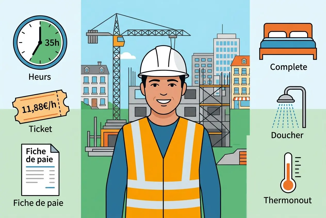 Travailleurs roumains en France droits : illustration d’un ouvrier sur un chantier avec casque et gilet, horloge 35h, fiche de paie et ticket, éléments logement et sanitaires autour.