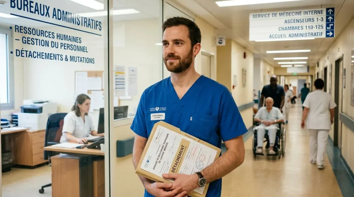 Agent soignant en corridor d'hôpital, portant un colis et carnet, près du bureau "détachements & mutations" et des signes directionnels. personnel soignant détachement temporaire.