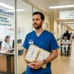 Agent soignant en corridor d'hôpital, portant un colis et carnet, près du bureau "détachements & mutations" et des signes directionnels. personnel soignant détachement temporaire.