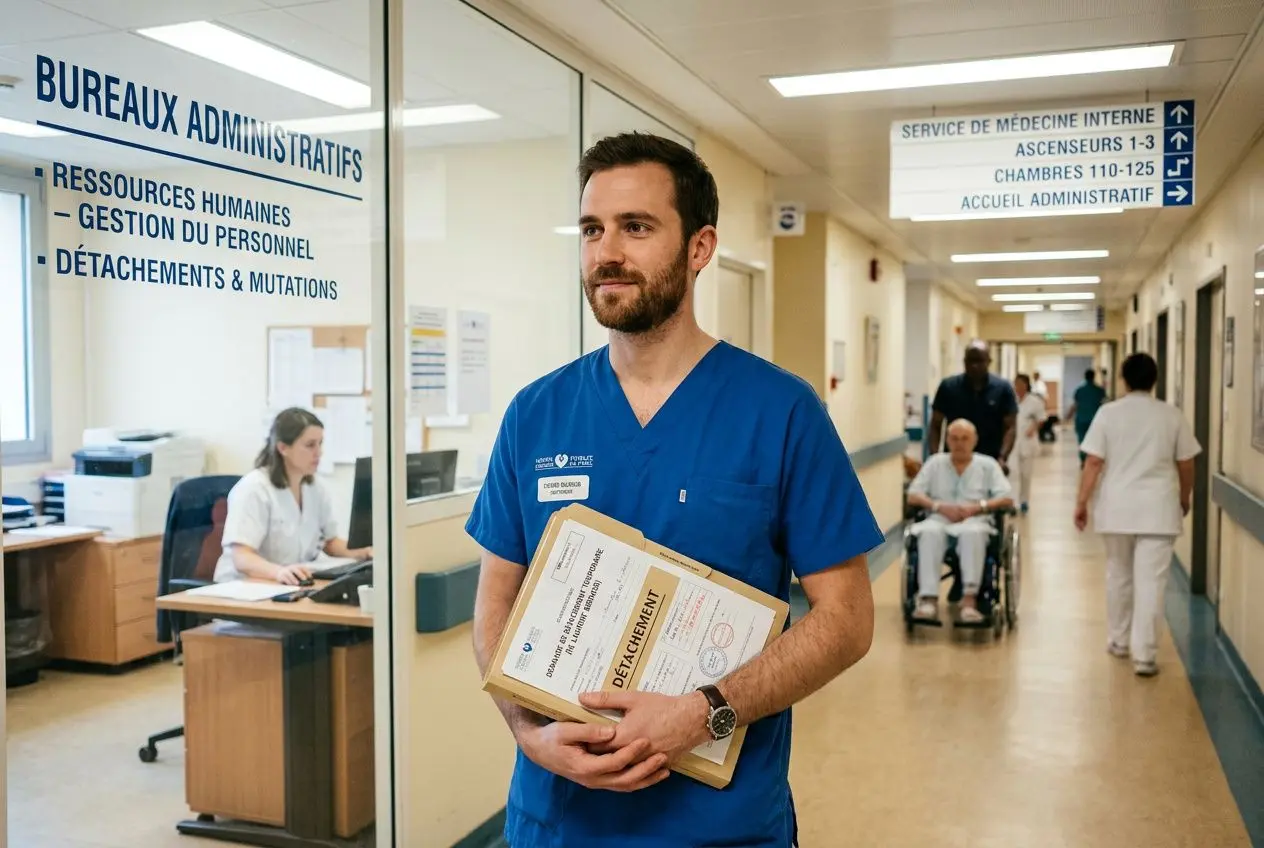 Agent soignant en corridor d'hôpital, portant un colis et carnet, près du bureau "détachements & mutations" et des signes directionnels. personnel soignant détachement temporaire.