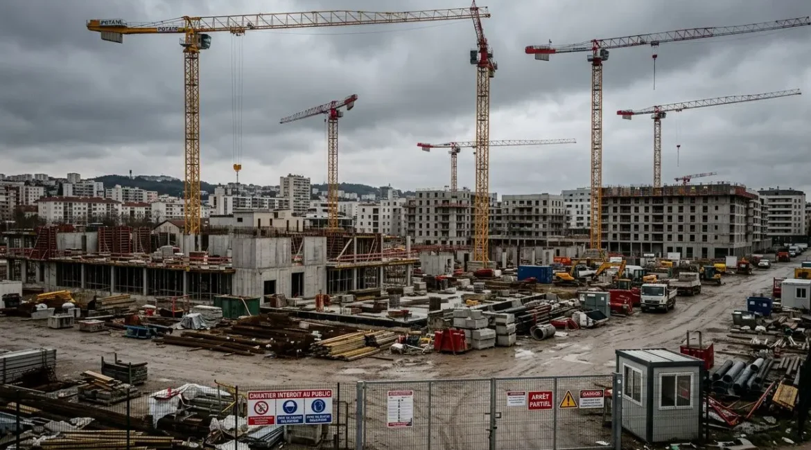 Chantier de construction en activité avec plusieurs grues, briques et matériaux sur le sol; panneaux de sécurité et clôture, paysage urbain en arrière-plan. Problèmes du secteur de la construction évoqué par le contexte.