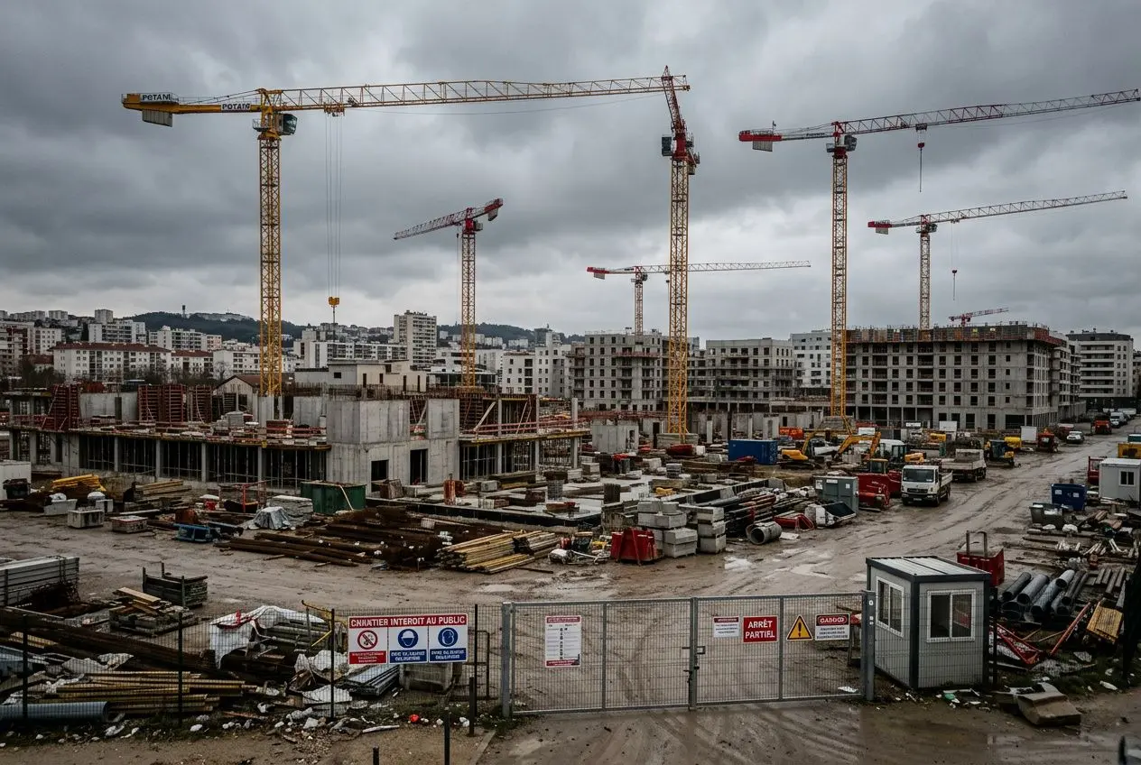 Chantier de construction en activité avec plusieurs grues, briques et matériaux sur le sol; panneaux de sécurité et clôture, paysage urbain en arrière-plan. Problèmes du secteur de la construction évoqué par le contexte.