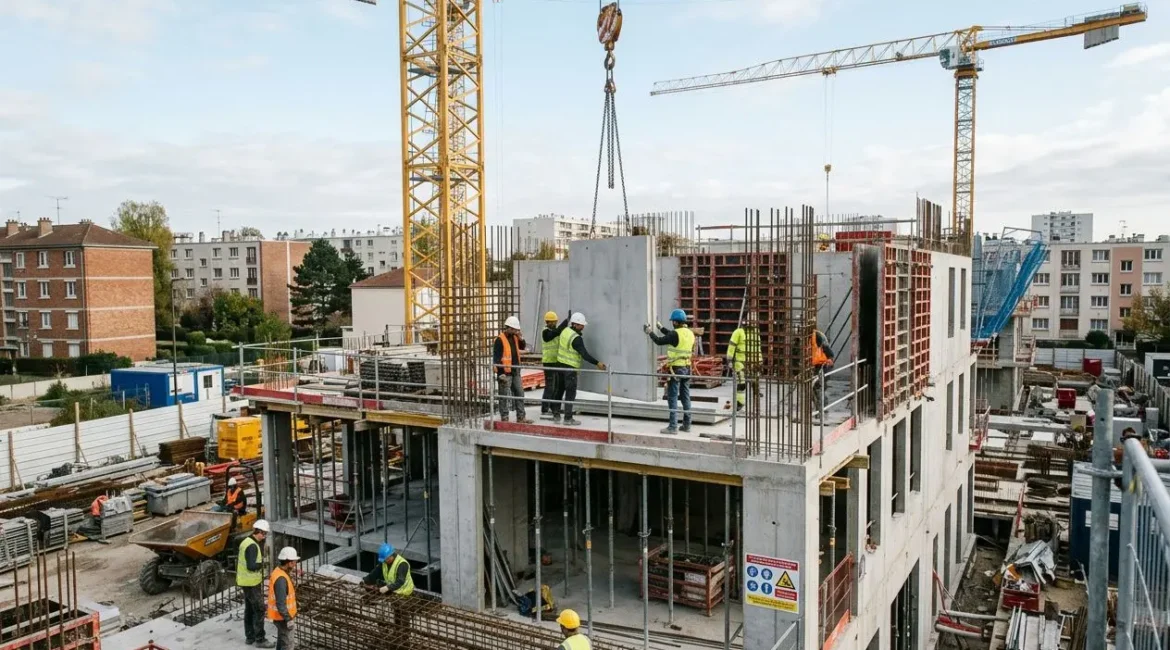Chantiers de construction avec ouvriers en sécurité, grue et structure béton en élaboration, illustration d’une agence intérim construction BTP.