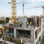 Chantiers de construction avec ouvriers en sécurité, grue et structure béton en élaboration, illustration d’une agence intérim construction BTP.