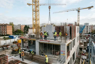 Chantiers de construction avec ouvriers en sécurité, grue et structure béton en élaboration, illustration d’une agence intérim construction BTP.