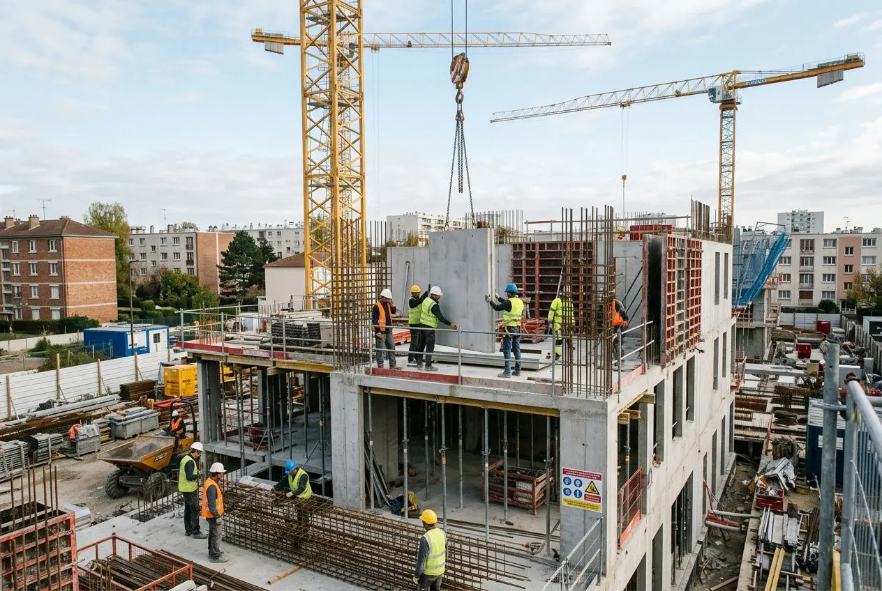 Chantiers de construction avec ouvriers en sécurité, grue et structure béton en élaboration, illustration d’une agence intérim construction BTP.