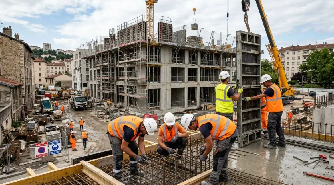 Chantiers de construction avec travailleurs qualifiés btp disponibles, ouvriers en gilet orange et casques sur le béton et ferraillage près d’un bâtiment en construction et grue.