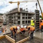 Chantiers de construction avec travailleurs qualifiés btp disponibles, ouvriers en gilet orange et casques sur le béton et ferraillage près d’un bâtiment en construction et grue.
