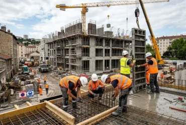 Chantiers de construction avec travailleurs qualifiés btp disponibles, ouvriers en gilet orange et casques sur le béton et ferraillage près d’un bâtiment en construction et grue.