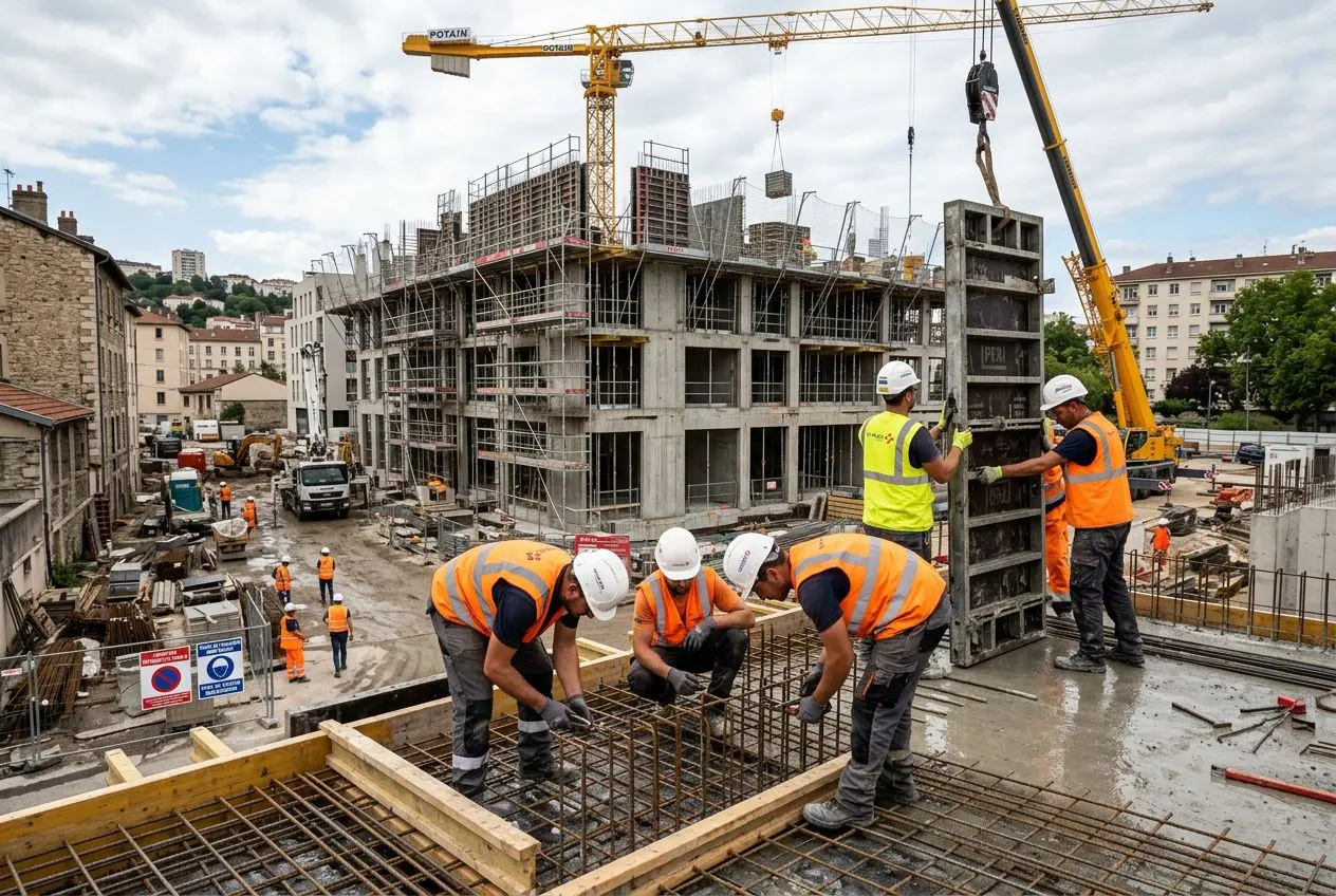 Chantiers de construction avec travailleurs qualifiés btp disponibles, ouvriers en gilet orange et casques sur le béton et ferraillage près d’un bâtiment en construction et grue.