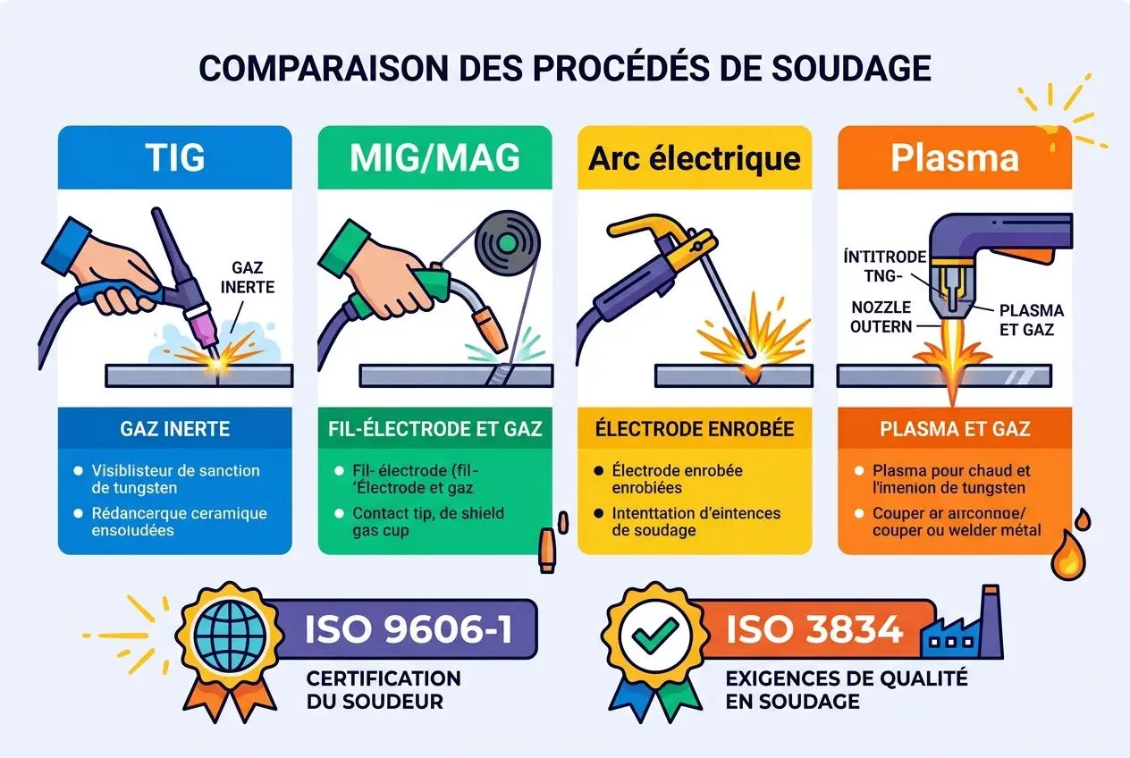 Comparaison des procédés de soudage: TIG, MIG/MAG, arc électrique et plasma, avec ISO 9606-1 et ISO 3834 certifications. agence interim franco roumaine soudeur