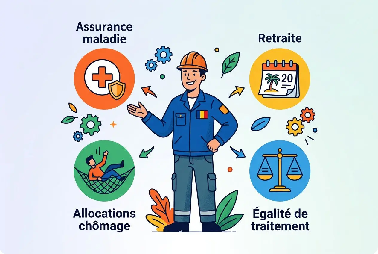 Description: Personnage ingénieur en bleu au centre, entouré d’icônes (assurance maladie, retraite, allocations chômage, égalité de traitement) et éléments graphiques.