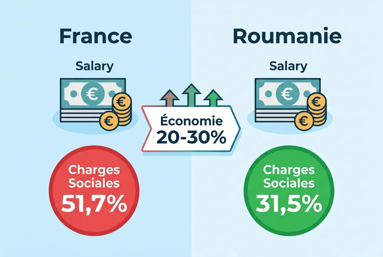 Détourage roumanie et France: comparaison salariale avec économie 20-30%, charges sociales 51,7% en France et 31,5% en Roumanie.