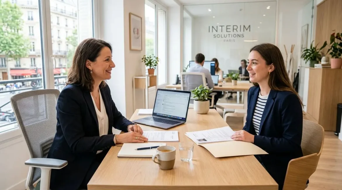 Deux femmes en entretien dans une agence d'intérim, discutant autour d'une table avec documents et ordinateurs. intégration du mot-clé: comment postuler en agence d'intérim.
