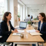 Deux femmes en entretien dans une agence d'intérim, discutant autour d'une table avec documents et ordinateurs. intégration du mot-clé: comment postuler en agence d'intérim.