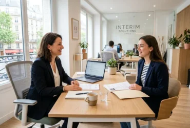 Deux femmes en entretien dans une agence d'intérim, discutant autour d'une table avec documents et ordinateurs. intégration du mot-clé: comment postuler en agence d'intérim.