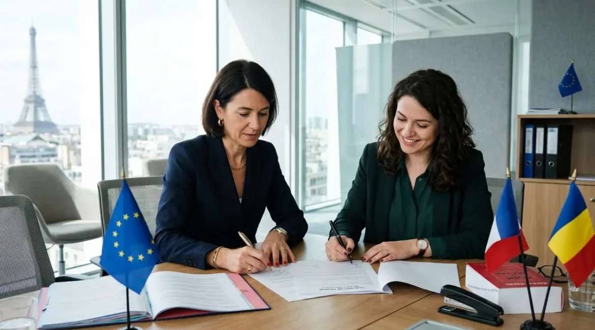 Deux femmes en réunion signent des documents, entourées de drapeaux EU, France et Roumanie, dans une salle de conférence lumineuse. Détachement roumanie.