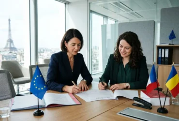 Deux femmes en réunion signent des documents, entourées de drapeaux EU, France et Roumanie, dans une salle de conférence lumineuse. Détachement roumanie.