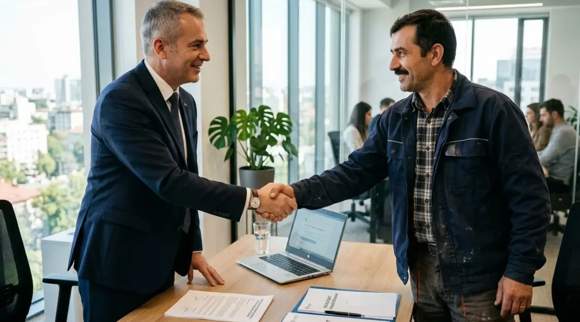 Deux hommes se serrent la main dans un bureau lumineux après un accord, avec un ordinateur portable et des documents sur la table. intégrant le thème : comment embaucher un travailleur roumain.