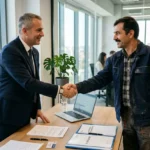 Deux hommes se serrent la main dans un bureau lumineux après un accord, avec un ordinateur portable et des documents sur la table. intégrant le thème : comment embaucher un travailleur roumain.