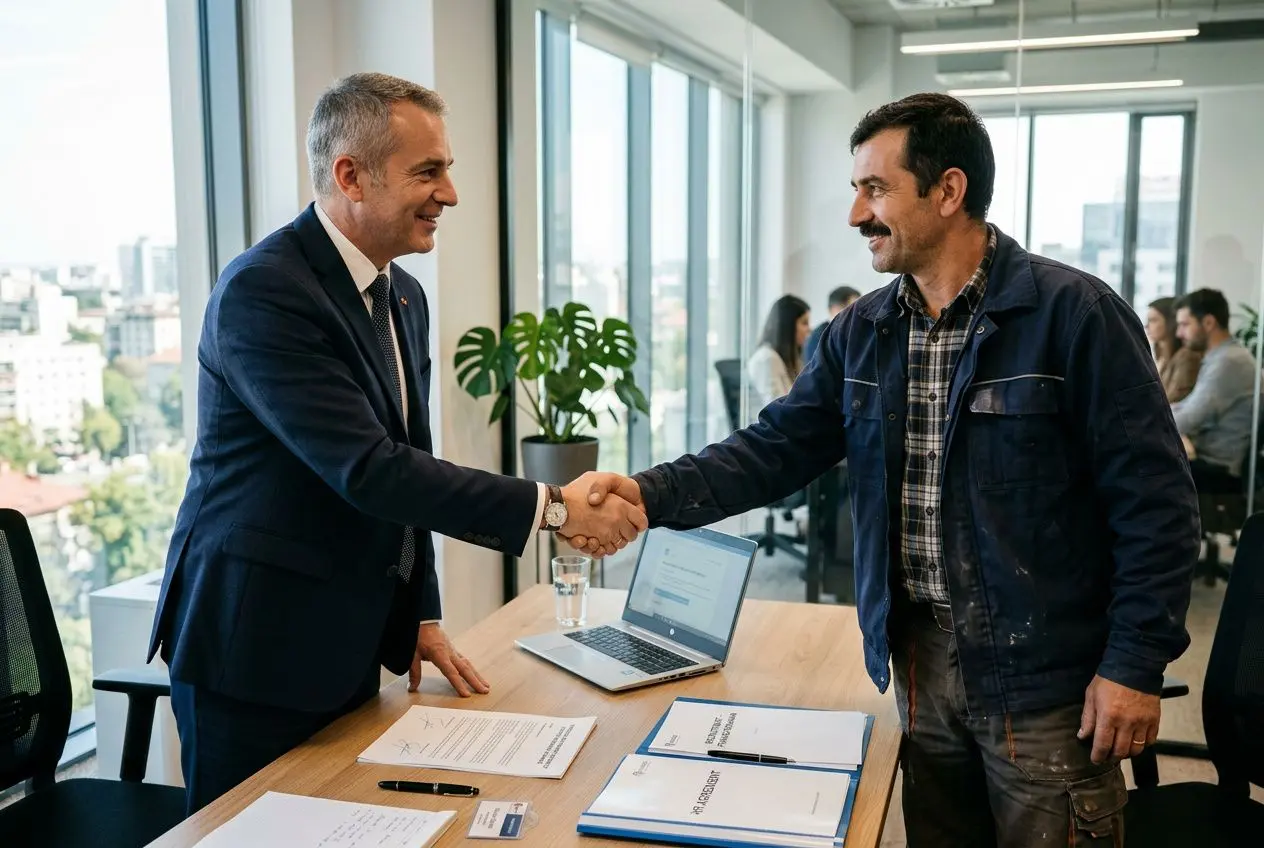 Deux hommes se serrent la main dans un bureau lumineux après un accord, avec un ordinateur portable et des documents sur la table. intégrant le thème : comment embaucher un travailleur roumain.