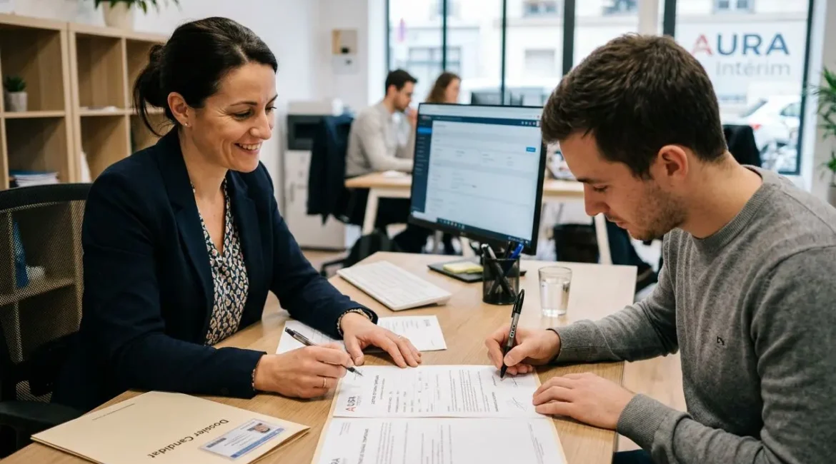 Deux personnes en agence d’intérim signent des documents sur une table, avec un ordinateur et des fiches; ambiance professionnelle. Contrat de travail temporaire définition est illustré par cette négociation.