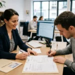 Deux personnes en agence d’intérim signent des documents sur une table, avec un ordinateur et des fiches; ambiance professionnelle. Contrat de travail temporaire définition est illustré par cette négociation.