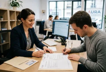 Deux personnes en agence d’intérim signent des documents sur une table, avec un ordinateur et des fiches; ambiance professionnelle. Contrat de travail temporaire définition est illustré par cette négociation.