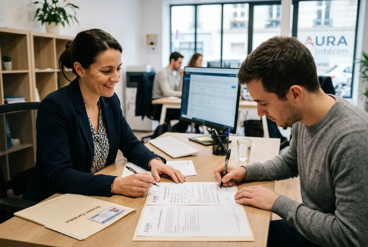 Deux personnes en agence d’intérim signent des documents sur une table, avec un ordinateur et des fiches; ambiance professionnelle. Contrat de travail temporaire définition est illustré par cette négociation.