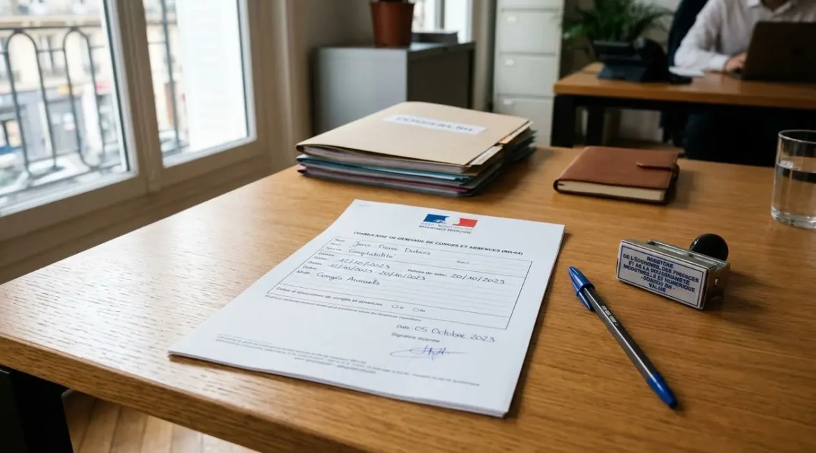 Document administratif sur une table de bureau, avec stylo et timbre, à côté d’un classeur et d’un ordinateur; ambiance agence. intégré: modèle attestation travailleurs détachés.